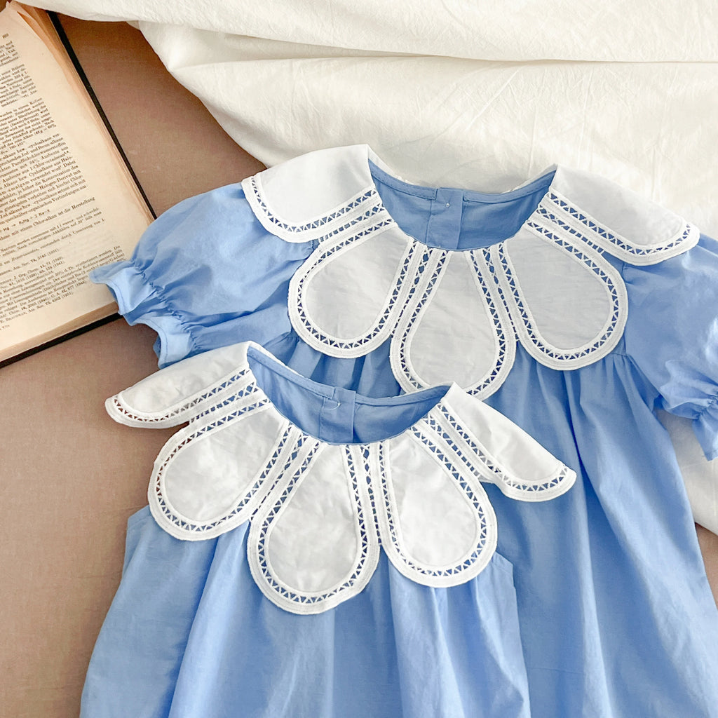 Girls Pink Princess Dresses New Summer Baby Dress Puff Sleeve Korean Style Petal Collar Toddlers Kids Cotton Cute Party Dress
