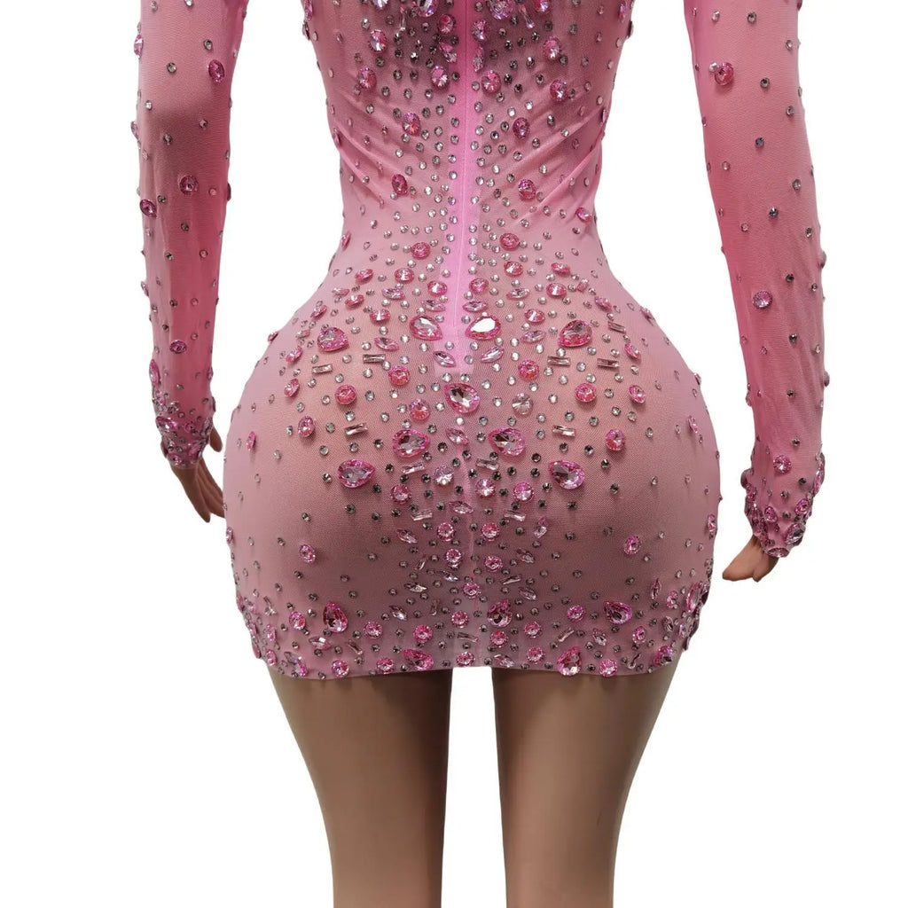 Sexy Dance Pink Dress Performance Sparkly Pink Rhinestones Dress Women Evening Birthday Celebrate Party Outfit 2025 Cuixing