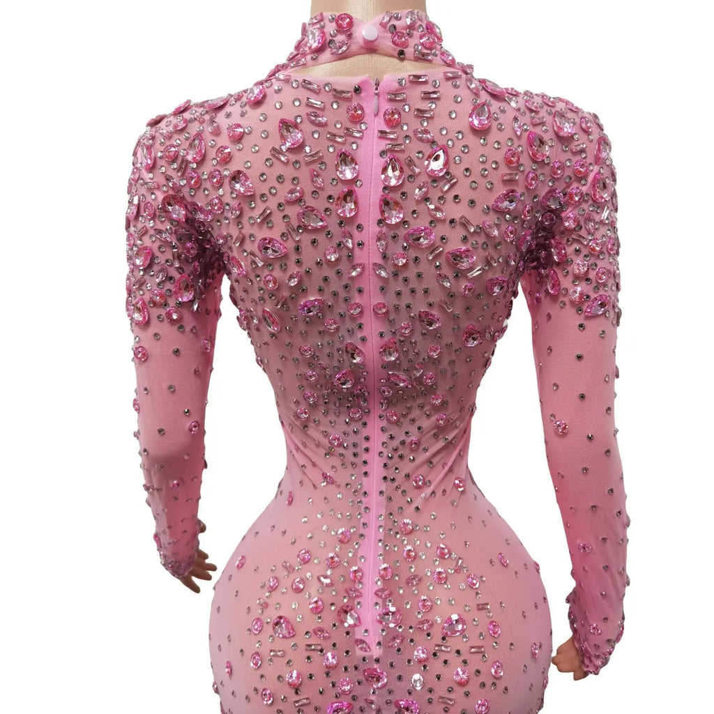 Sexy Dance Pink Dress Performance Sparkly Pink Rhinestones Dress Women Evening Birthday Celebrate Party Outfit 2025 Cuixing