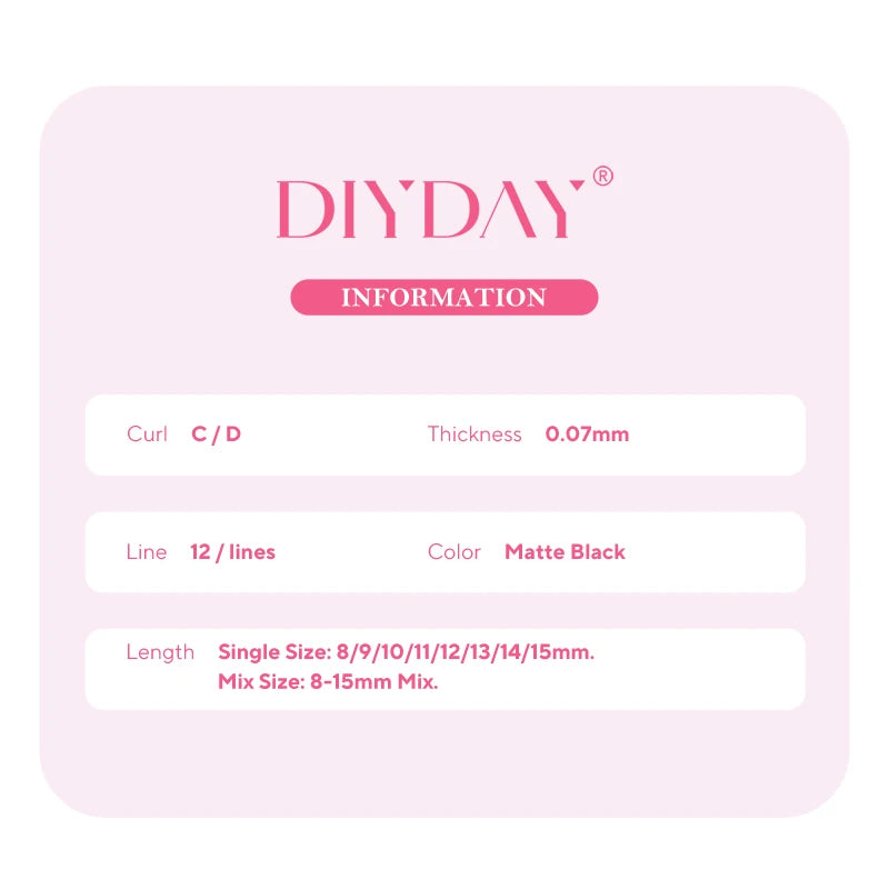 DIYDAY U-Shaped YY Eyelash Extensions, Premium PBT False Mink Individual Lashes, C/D Curl 9–15mm, Soft Natural Look, 12 Rows per Tray, Matte Black