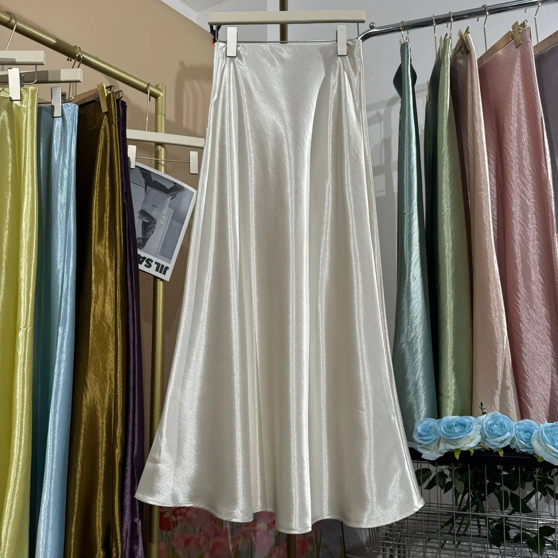 19 Colors 2026 New In Women Spring Summer Gloss Satin Long Skirts Female Fashion Elegant High Waist Faldas