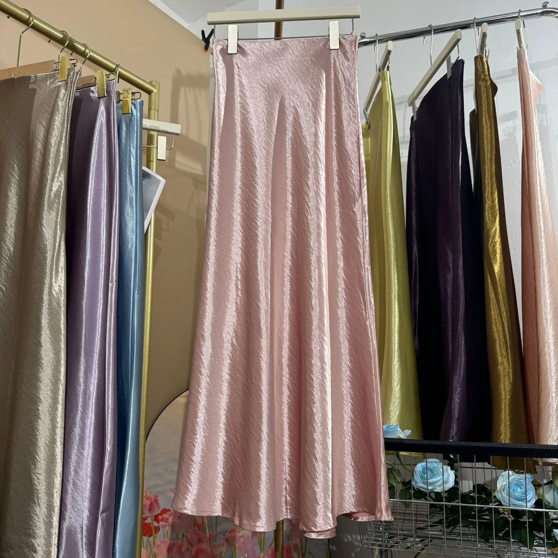 19 Colors 2026 New In Women Spring Summer Gloss Satin Long Skirts Female Fashion Elegant High Waist Faldas