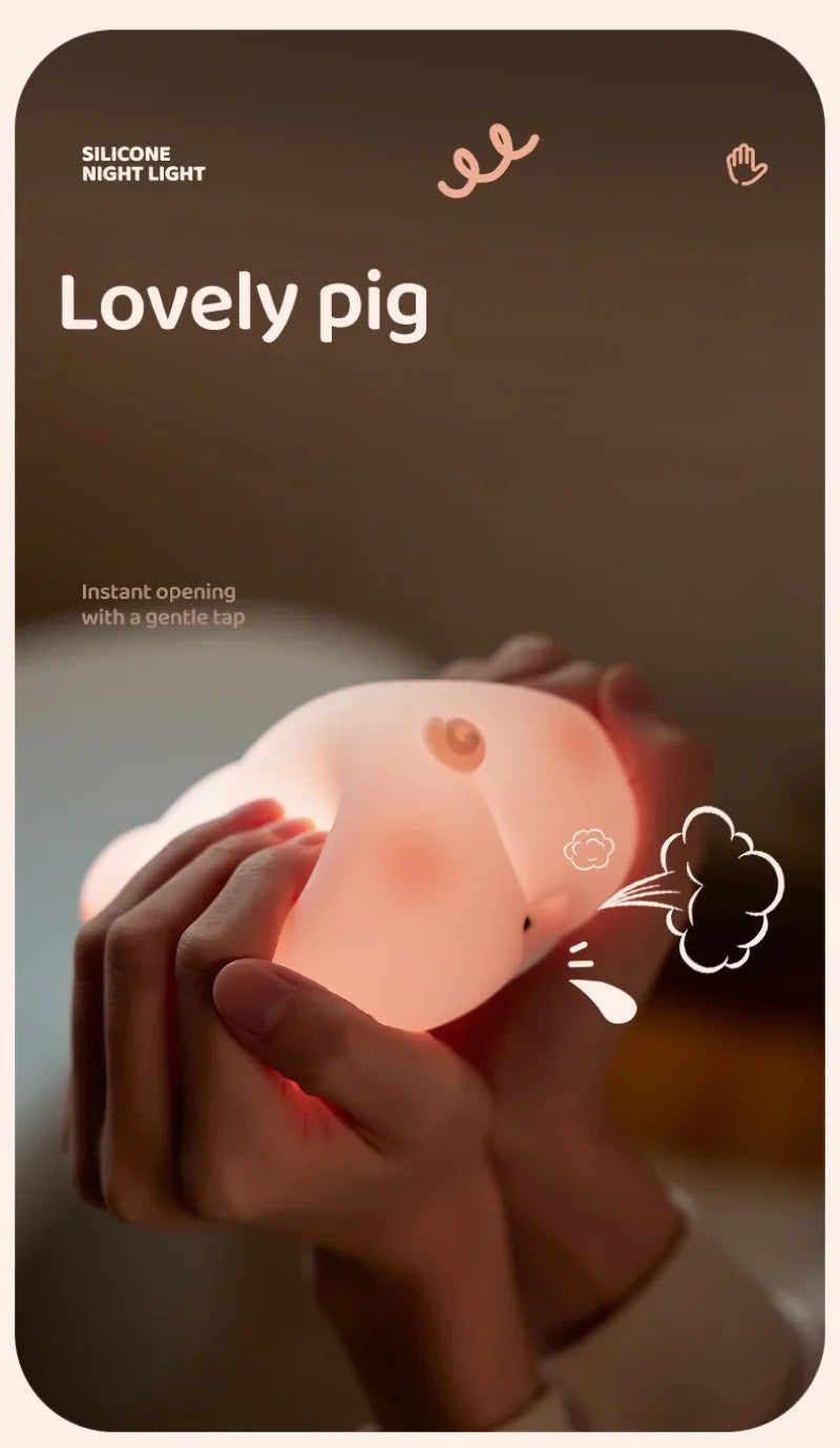 Pink Piggy Night Light Cute Silicone Night Light LED Pat Lamp Room Decoration USB Charging Indoor Atmosphere Lamp Children Gift