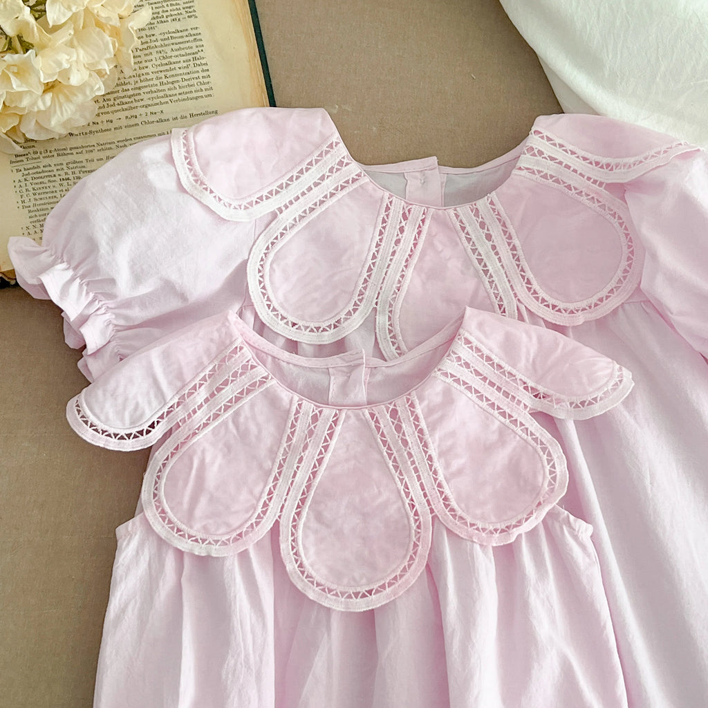 Girls Pink Princess Dresses New Summer Baby Dress Puff Sleeve Korean Style Petal Collar Toddlers Kids Cotton Cute Party Dress