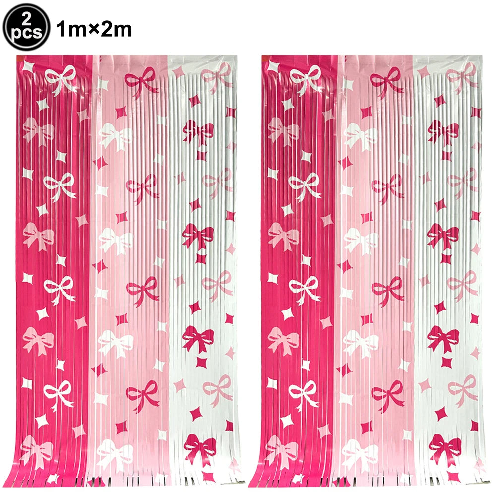 Pink Bow Birthday Party Decorations Girls Birthday Decor Banner Balloons Bow Napinks Plate Cup Pink Bow Theme Tableware Supplies