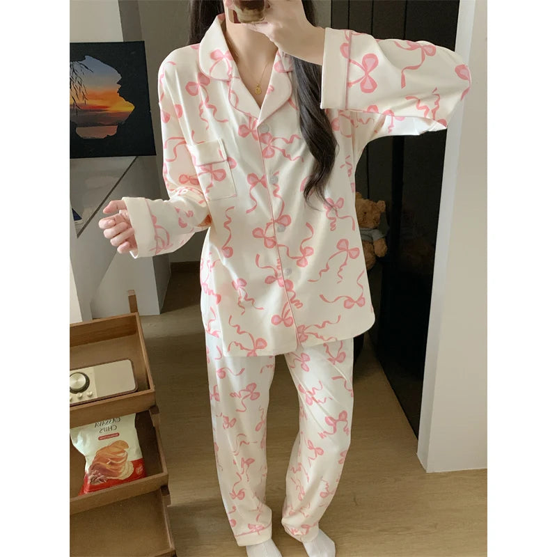 Pink Bow Dtie Design Pajamas for Women Long Sleeve Top & Elastic Waist Pants Pajamas Set Korean Style Sweet Casual New Home Wear