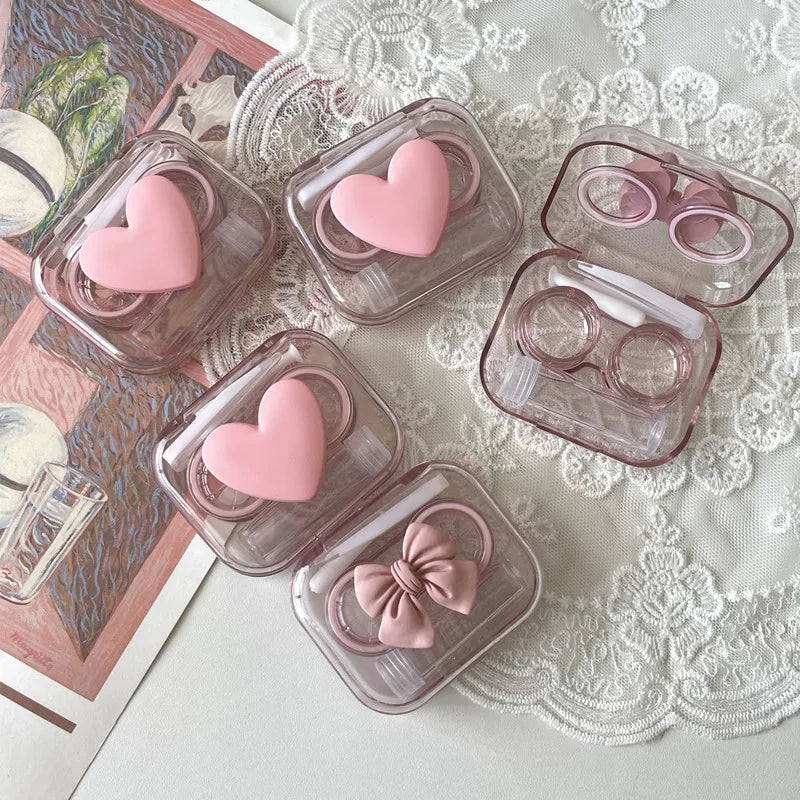 Pink Transparent Love Bow Contact Lens Case Girl Portable Beauty Pupil Box Contact Lens Cases Eye Care Tool Storage Container