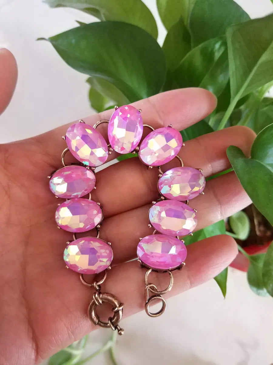 Pink AB Colored Oval Dot Crystal Bracelet Bangle Fashion Big Chunky Statement Glass Stone Jewelry for Women