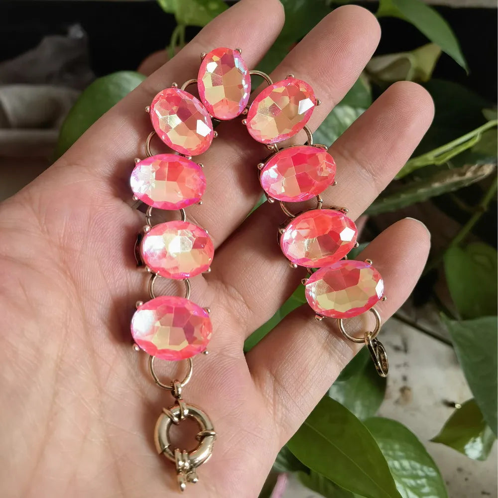 Pink AB Colored Oval Dot Crystal Bracelet Bangle Fashion Big Chunky Statement Glass Stone Jewelry for Women