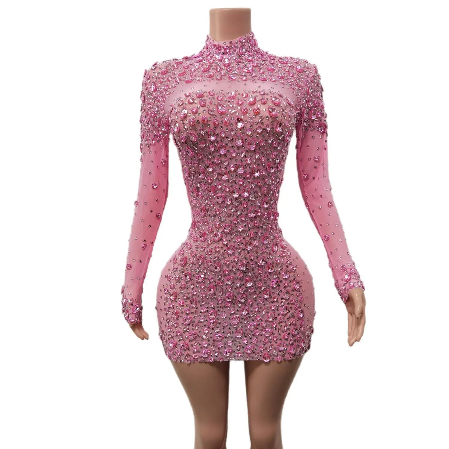 Sexy Dance Pink Dress Performance Sparkly Pink Rhinestones Dress Women Evening Birthday Celebrate Party Outfit 2025 Cuixing