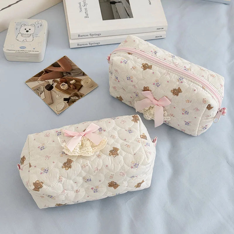 Pink Rose Sweetheart Cosmetic  Storage Bag Aesthetic Cute Lace Trim Makeup Pouch Large Capacity Vintage Cosmetic Organizer Bags