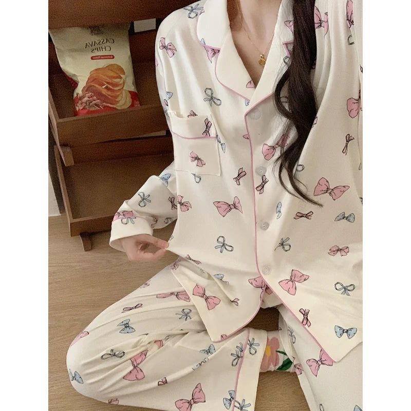 Pink Bow Dtie Design Pajamas for Women Long Sleeve Top & Elastic Waist Pants Pajamas Set Korean Style Sweet Casual New Home Wear