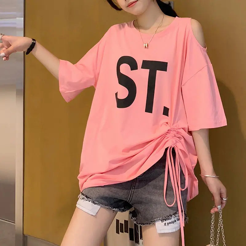 Pink Korean Casual Midi Loose White Women T-shirt Summer Short Sleeve Fashion Pulovers Elegant Graphic T Shirt Clothes Tops
