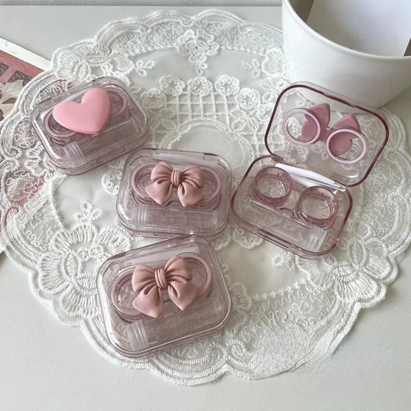 Pink Transparent Love Bow Contact Lens Case Girl Portable Beauty Pupil Box Contact Lens Cases Eye Care Tool Storage Container