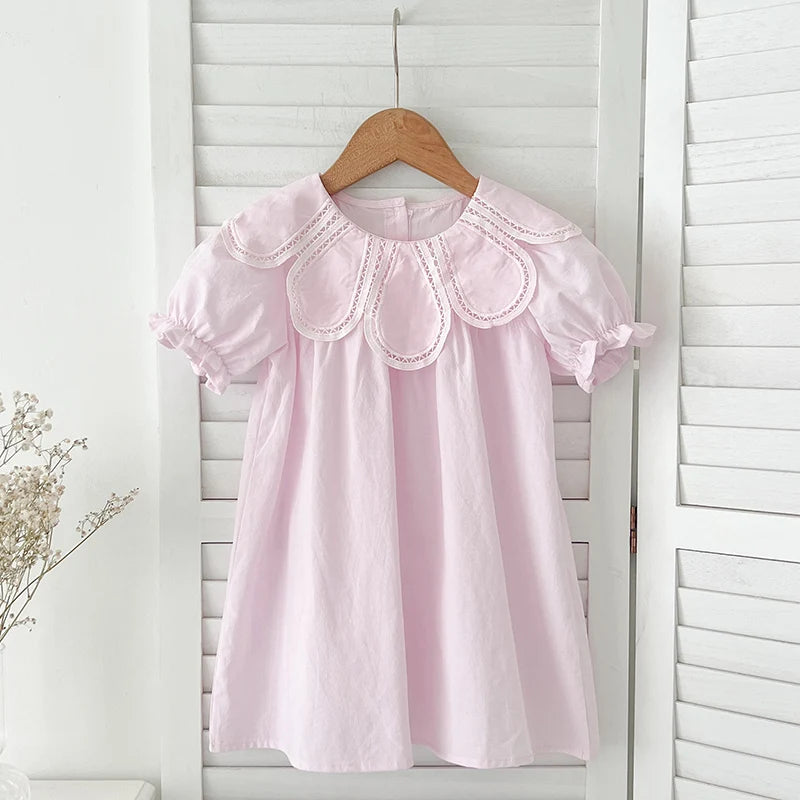 Girls Pink Princess Dresses New Summer Baby Dress Puff Sleeve Korean Style Petal Collar Toddlers Kids Cotton Cute Party Dress