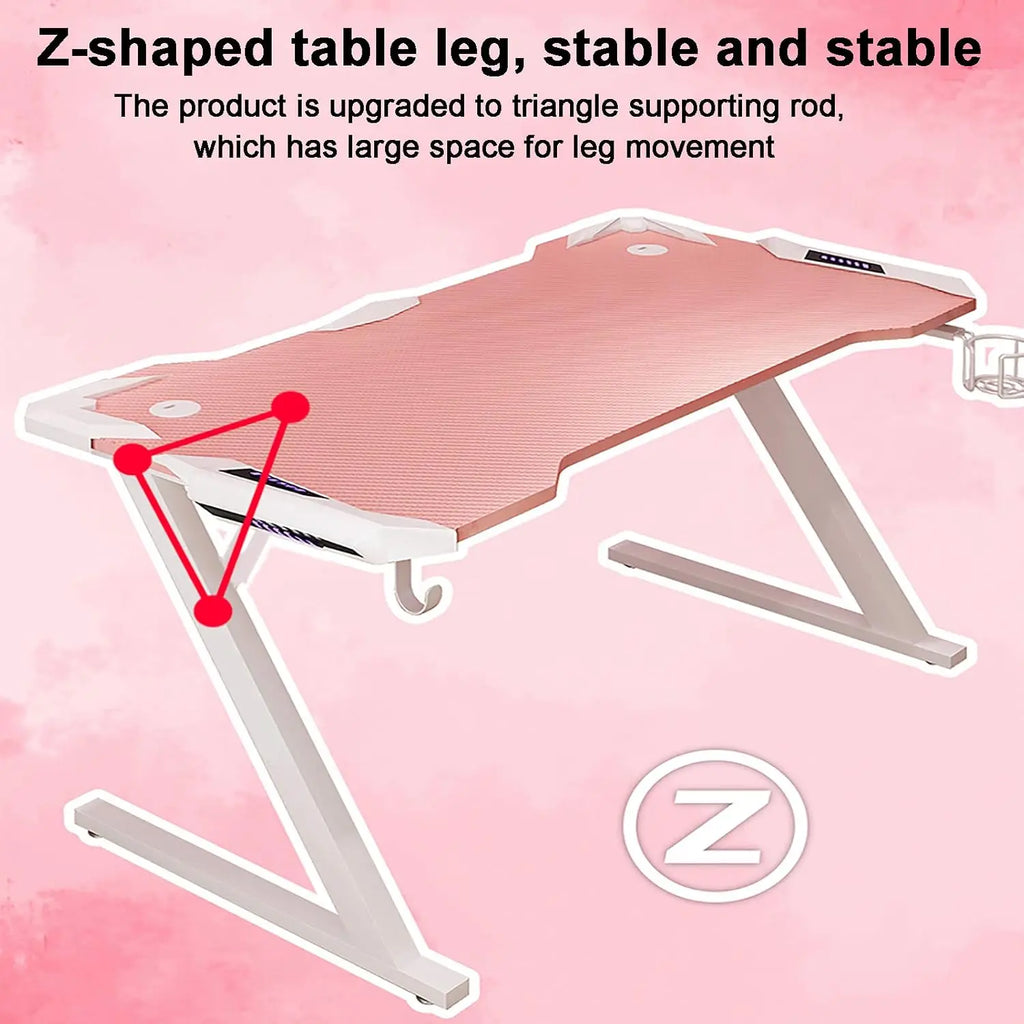 Pink Gaming Desk with LED Strip Home Office Computer Desk Ergonomic with Cup Holder for Girls Women