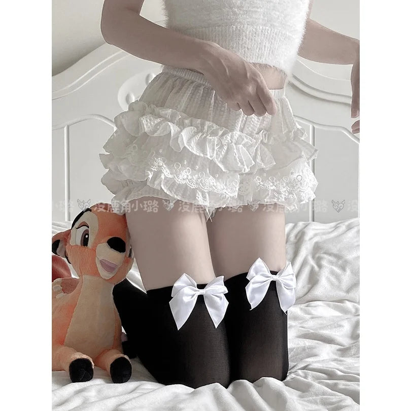 Sexy Women's Hosiery Pink Bow Stay Up Thigh High Silk Stockings Ladies Sweet JK Lolita Bowknot Long Socks Students Stockings
