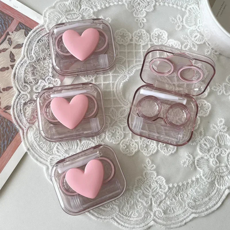 Pink Transparent Love Bow Contact Lens Case Girl Portable Beauty Pupil Box Contact Lens Cases Eye Care Tool Storage Container