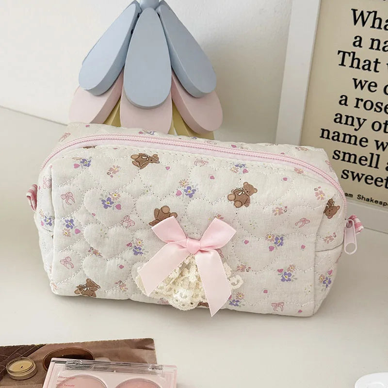 Pink Rose Sweetheart Cosmetic  Storage Bag Aesthetic Cute Lace Trim Makeup Pouch Large Capacity Vintage Cosmetic Organizer Bags