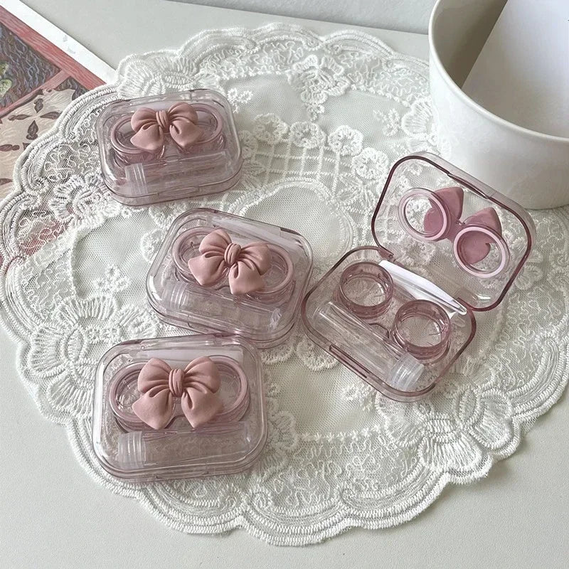 Pink Transparent Love Bow Contact Lens Case Girl Portable Beauty Pupil Box Contact Lens Cases Eye Care Tool Storage Container