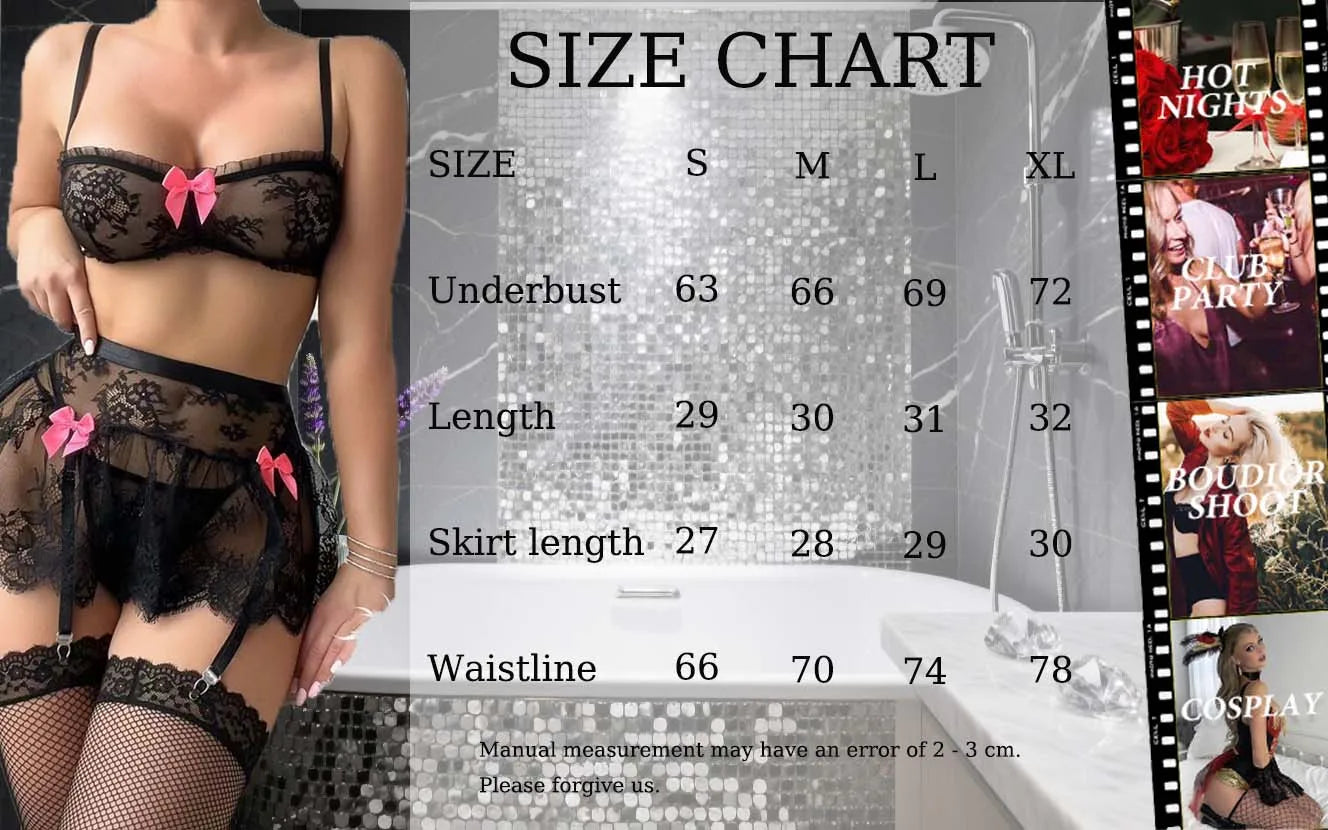 Pink Lace Bra and Panty Set with Tutu Skirt, Bow Detail & Garter Straps – Sexy Lingerie for Women, Romantic Boudoir, Valentine’s