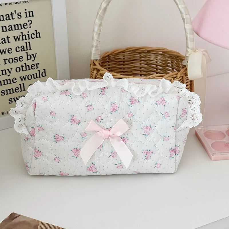 Pink Rose Sweetheart Cosmetic  Storage Bag Aesthetic Cute Lace Trim Makeup Pouch Large Capacity Vintage Cosmetic Organizer Bags