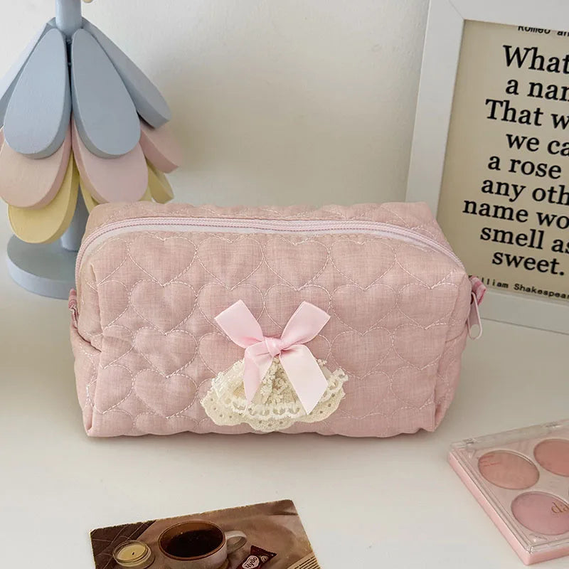 Pink Rose Sweetheart Cosmetic  Storage Bag Aesthetic Cute Lace Trim Makeup Pouch Large Capacity Vintage Cosmetic Organizer Bags