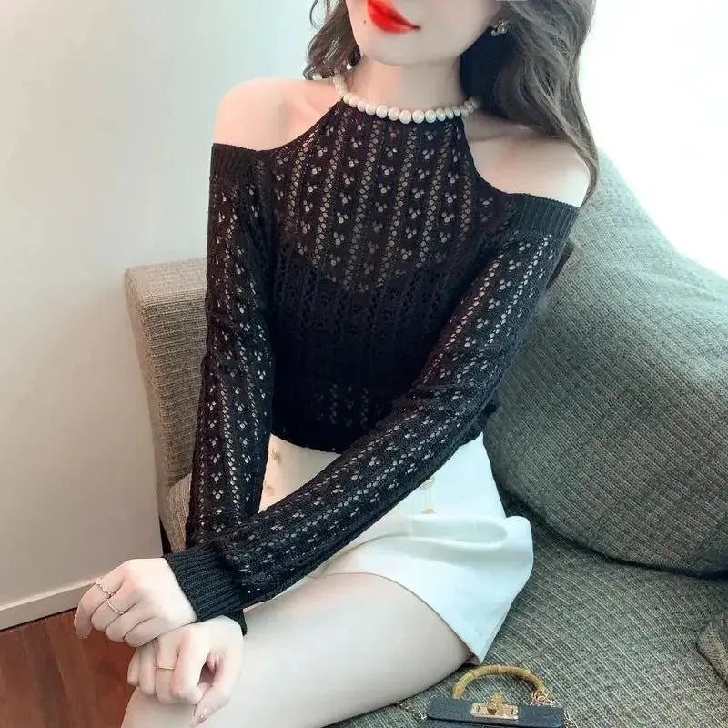 Spring Autumn New Carefully Machine Hollow Neck Hanging Shoulder Women's Knitted Bottom Shirt with Inner Layer to Look Thin Top Pinkshop