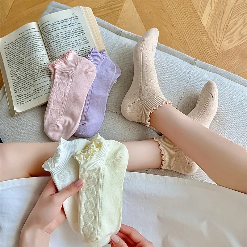 Pink Purple Women Short Socks JK Lolita Kawaii Cute Ruffle Socks Cotton Thin Breathable Low Cut Ankle Boat Socks Sox Sweet Girls