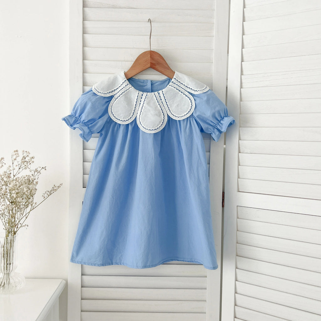 Girls Pink Princess Dresses New Summer Baby Dress Puff Sleeve Korean Style Petal Collar Toddlers Kids Cotton Cute Party Dress