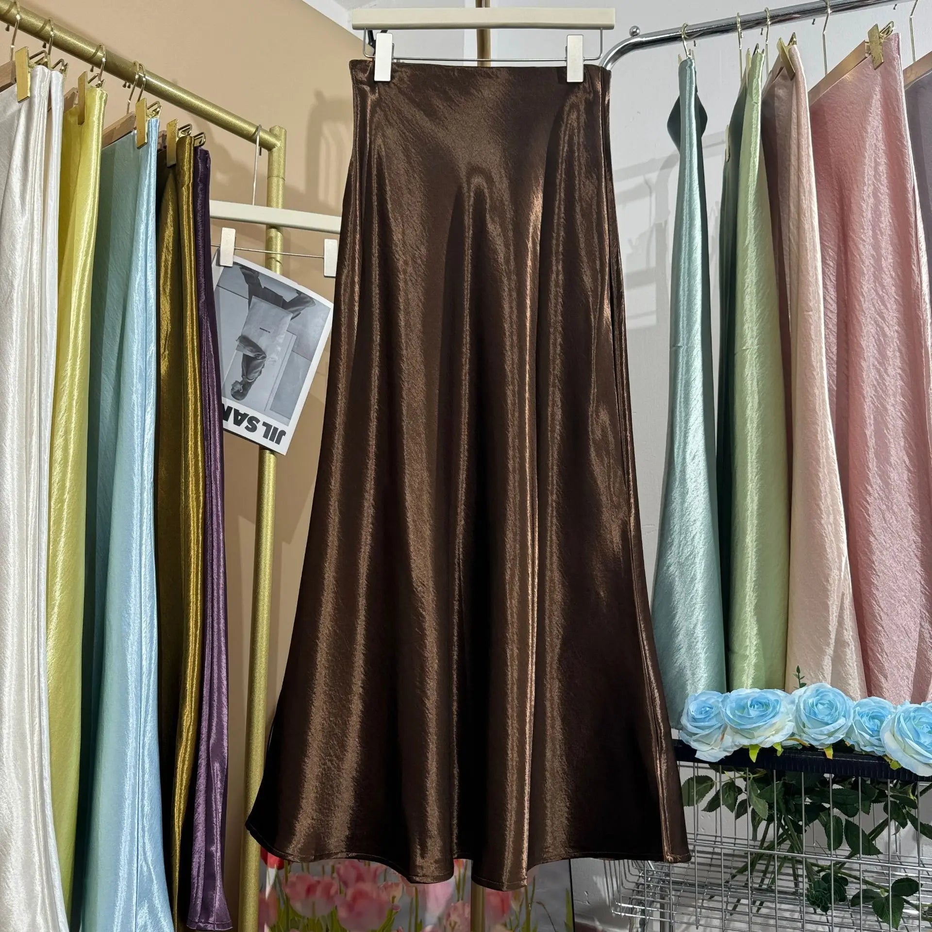 19 Colors 2026 New In Women Spring Summer Gloss Satin Long Skirts Female Fashion Elegant High Waist Faldas