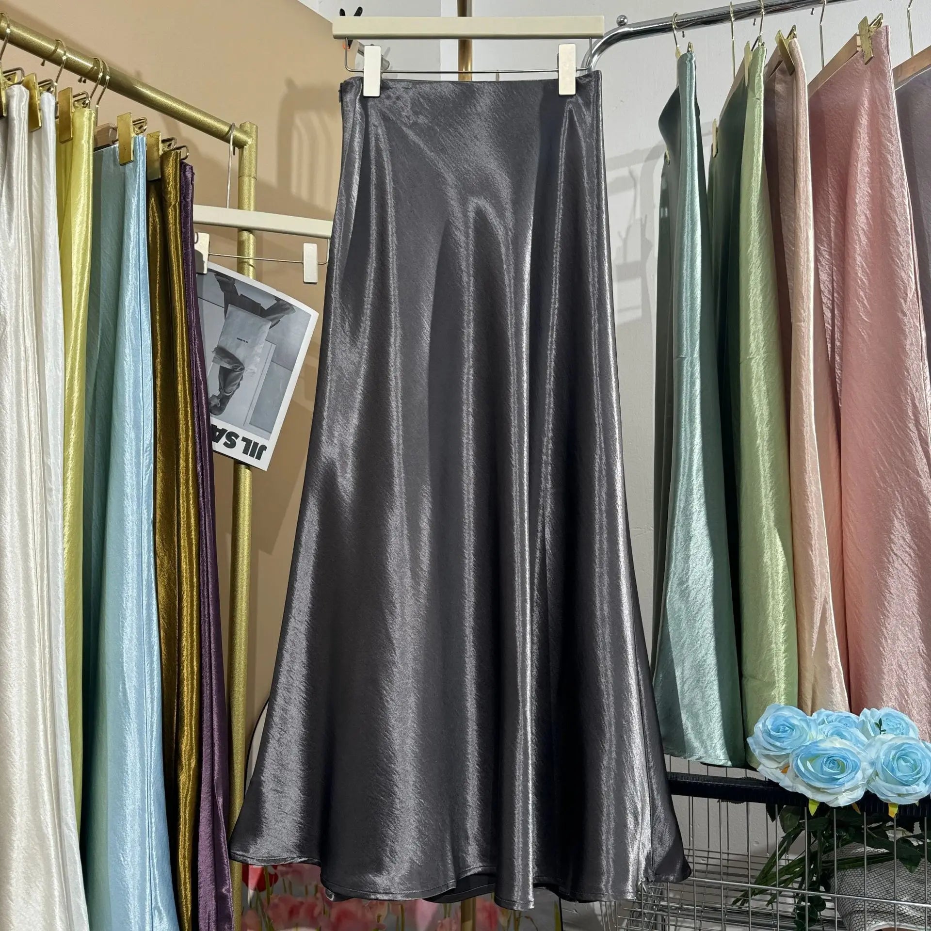 19 Colors 2026 New In Women Spring Summer Gloss Satin Long Skirts Female Fashion Elegant High Waist Faldas