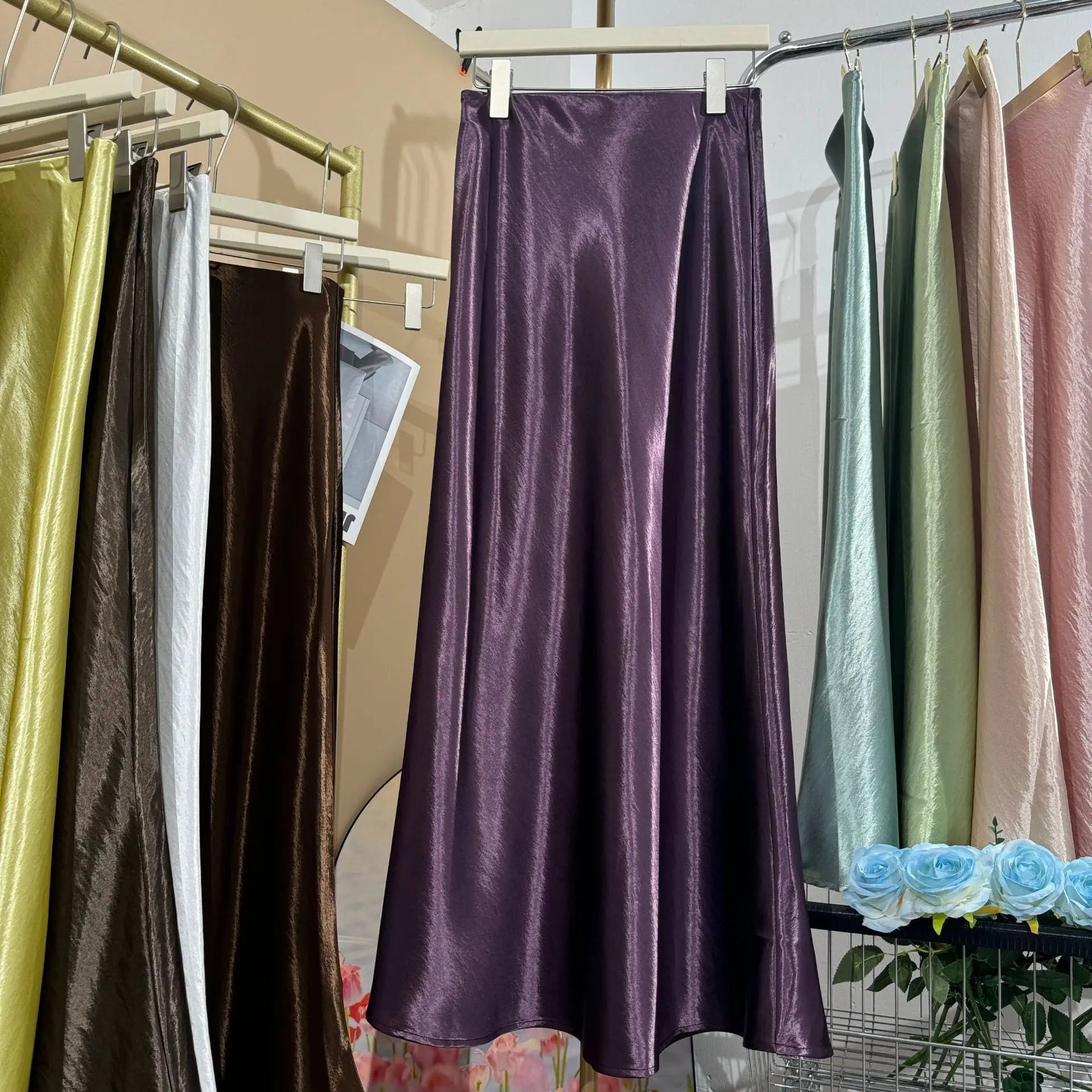 19 Colors 2026 New In Women Spring Summer Gloss Satin Long Skirts Female Fashion Elegant High Waist Faldas