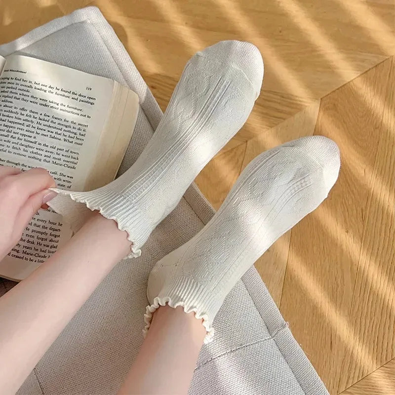Pink Purple Women Short Socks JK Lolita Kawaii Cute Ruffle Socks Cotton Thin Breathable Low Cut Ankle Boat Socks Sox Sweet Girls