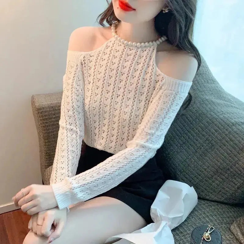 Spring Autumn New Carefully Machine Hollow Neck Hanging Shoulder Women's Knitted Bottom Shirt with Inner Layer to Look Thin Top Pinkshop