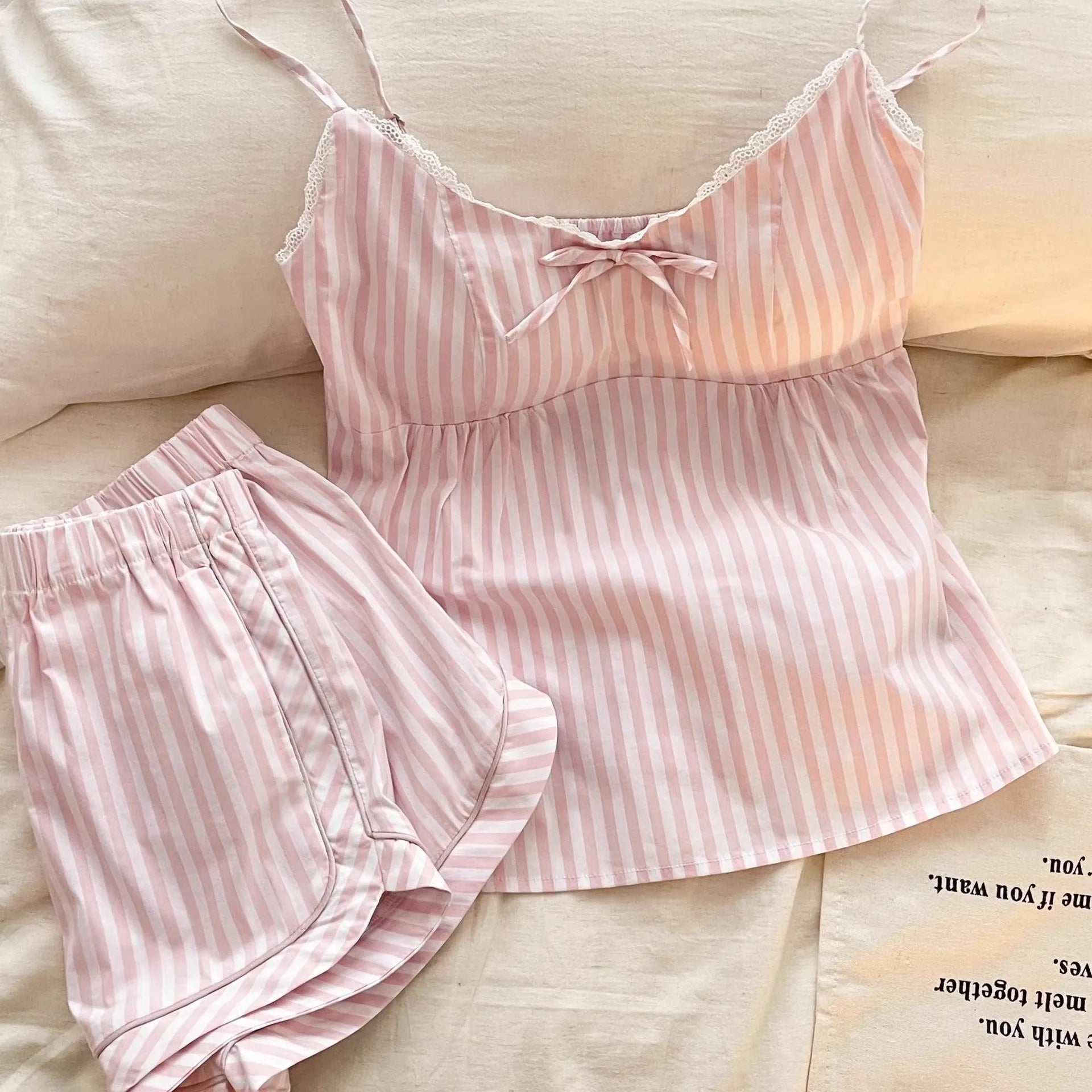 Pink sweet girl striped bow tie pajama set for summer with padded cups and suspenders short pants and top for home wear Home Set