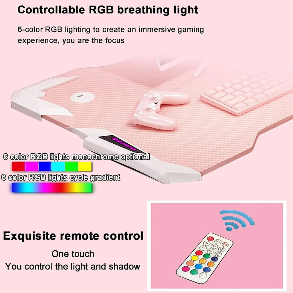 Pink Gaming Desk with LED Strip Home Office Computer Desk Ergonomic with Cup Holder for Girls Women