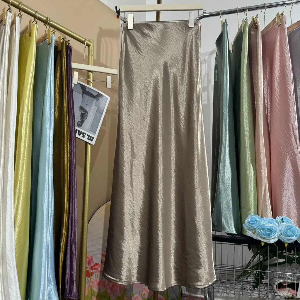 19 Colors 2026 New In Women Spring Summer Gloss Satin Long Skirts Female Fashion Elegant High Waist Faldas