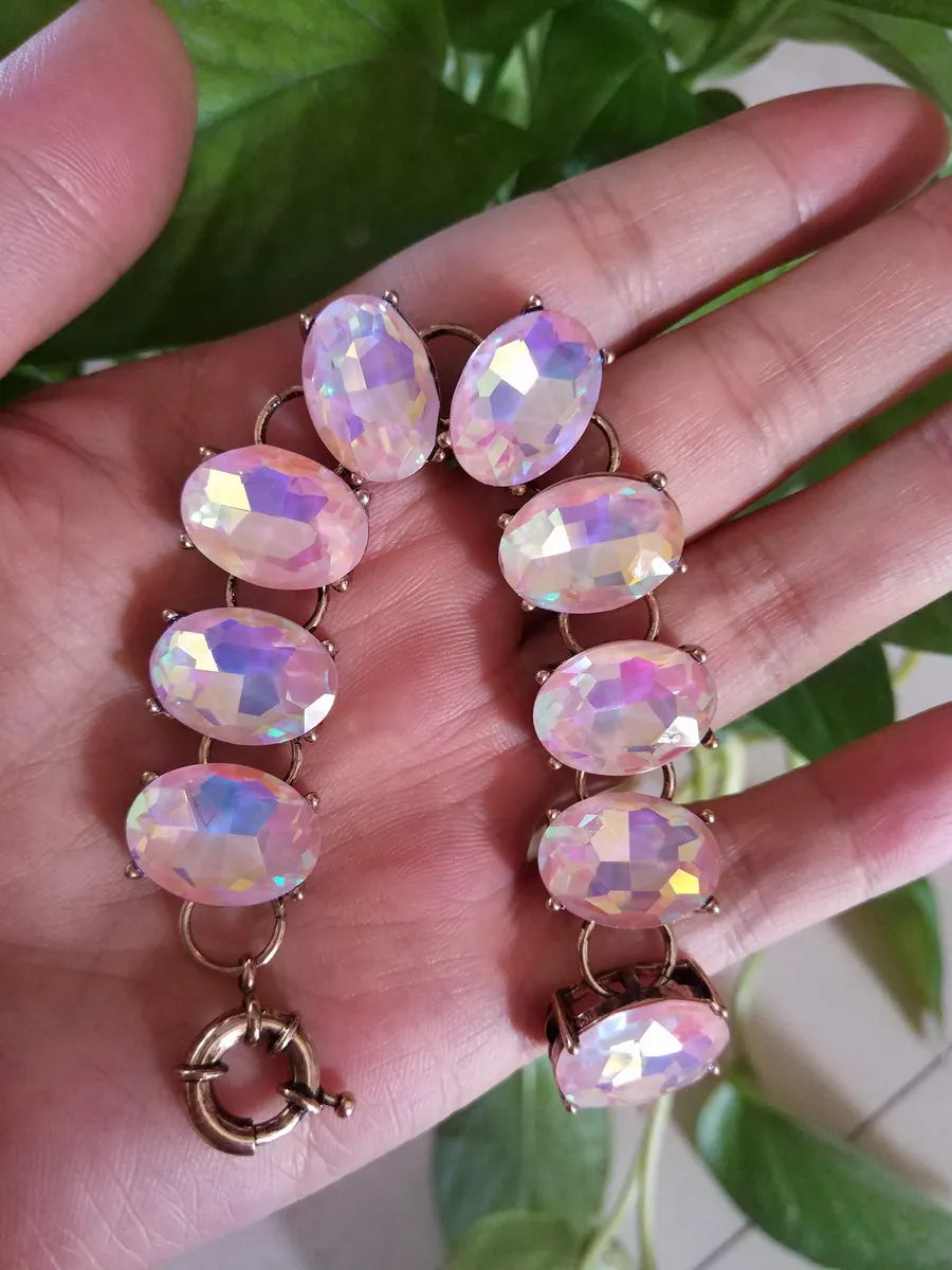 Pink AB Colored Oval Dot Crystal Bracelet Bangle Fashion Big Chunky Statement Glass Stone Jewelry for Women