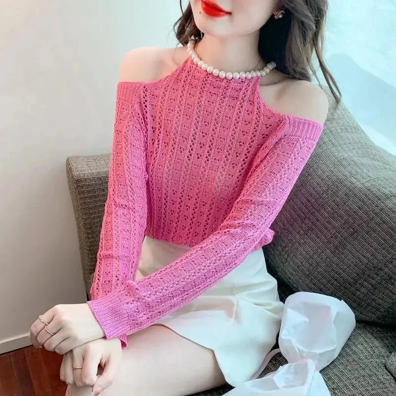 Spring Autumn New Carefully Machine Hollow Neck Hanging Shoulder Women's Knitted Bottom Shirt with Inner Layer to Look Thin Top Pinkshop