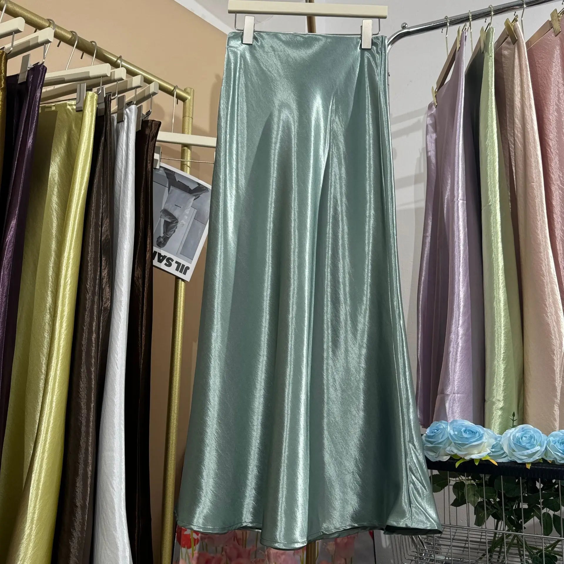 19 Colors 2026 New In Women Spring Summer Gloss Satin Long Skirts Female Fashion Elegant High Waist Faldas