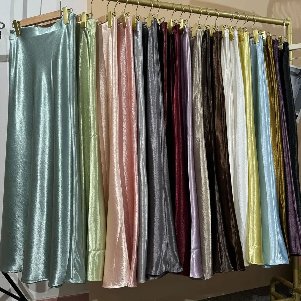 19 Colors 2026 New In Women Spring Summer Gloss Satin Long Skirts Female Fashion Elegant High Waist Faldas