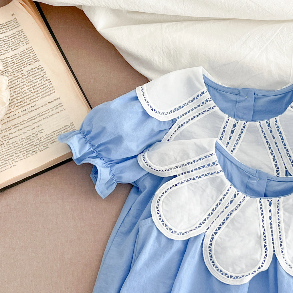 Girls Pink Princess Dresses New Summer Baby Dress Puff Sleeve Korean Style Petal Collar Toddlers Kids Cotton Cute Party Dress