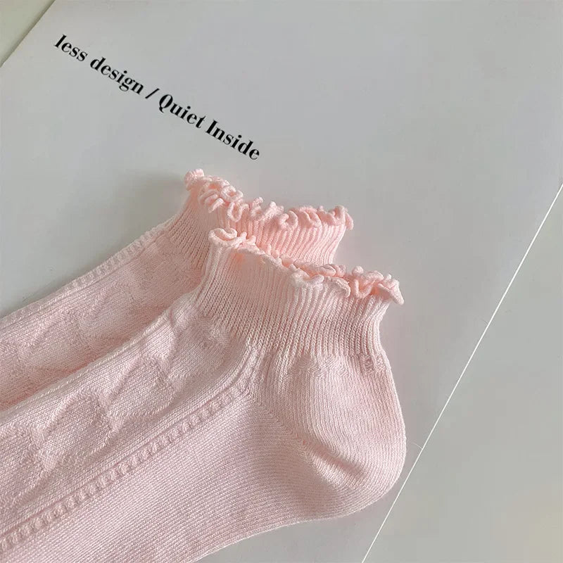 Pink Purple Women Short Socks JK Lolita Kawaii Cute Ruffle Socks Cotton Thin Breathable Low Cut Ankle Boat Socks Sox Sweet Girls
