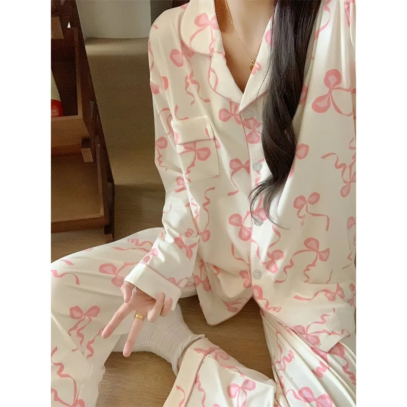 Pink Bow Dtie Design Pajamas for Women Long Sleeve Top & Elastic Waist Pants Pajamas Set Korean Style Sweet Casual New Home Wear