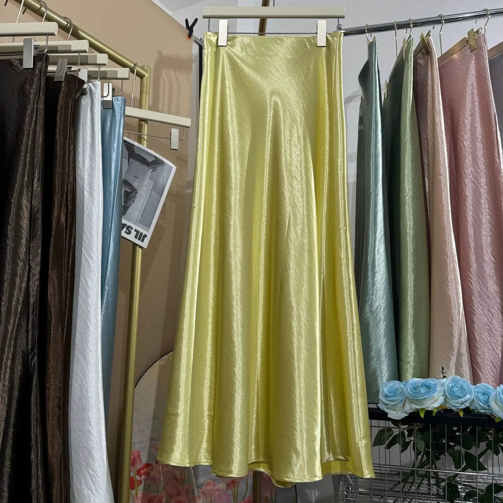 19 Colors 2026 New In Women Spring Summer Gloss Satin Long Skirts Female Fashion Elegant High Waist Faldas