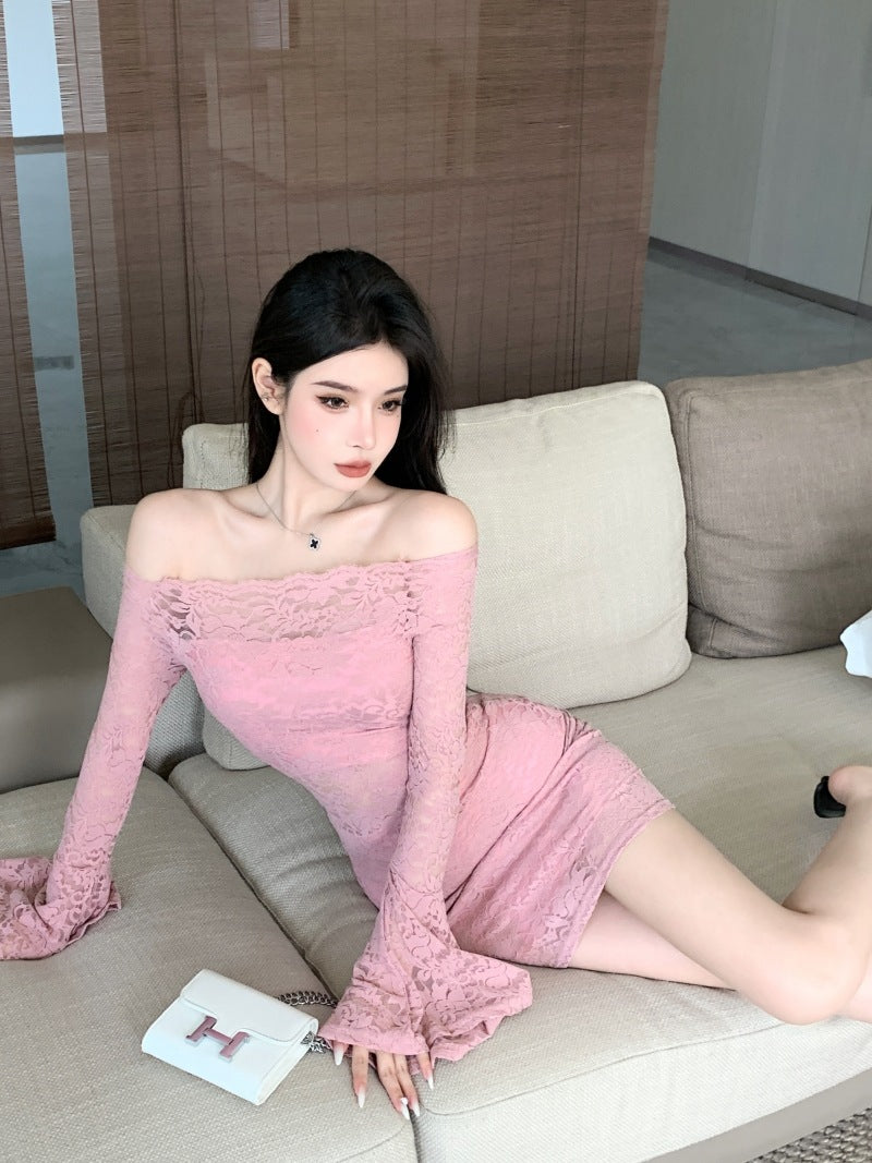 Women’s Lace Mini Dress, Long Sleeve Hollow-Out Pullover Dress, Casual Socialite Style Party Dress