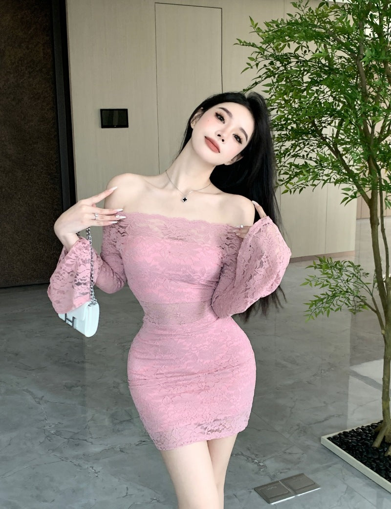 Women’s Lace Mini Dress, Long Sleeve Hollow-Out Pullover Dress, Casual Socialite Style Party Dress