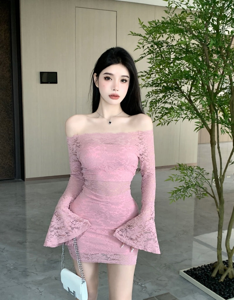 Women’s Lace Mini Dress, Long Sleeve Hollow-Out Pullover Dress, Casual Socialite Style Party Dress