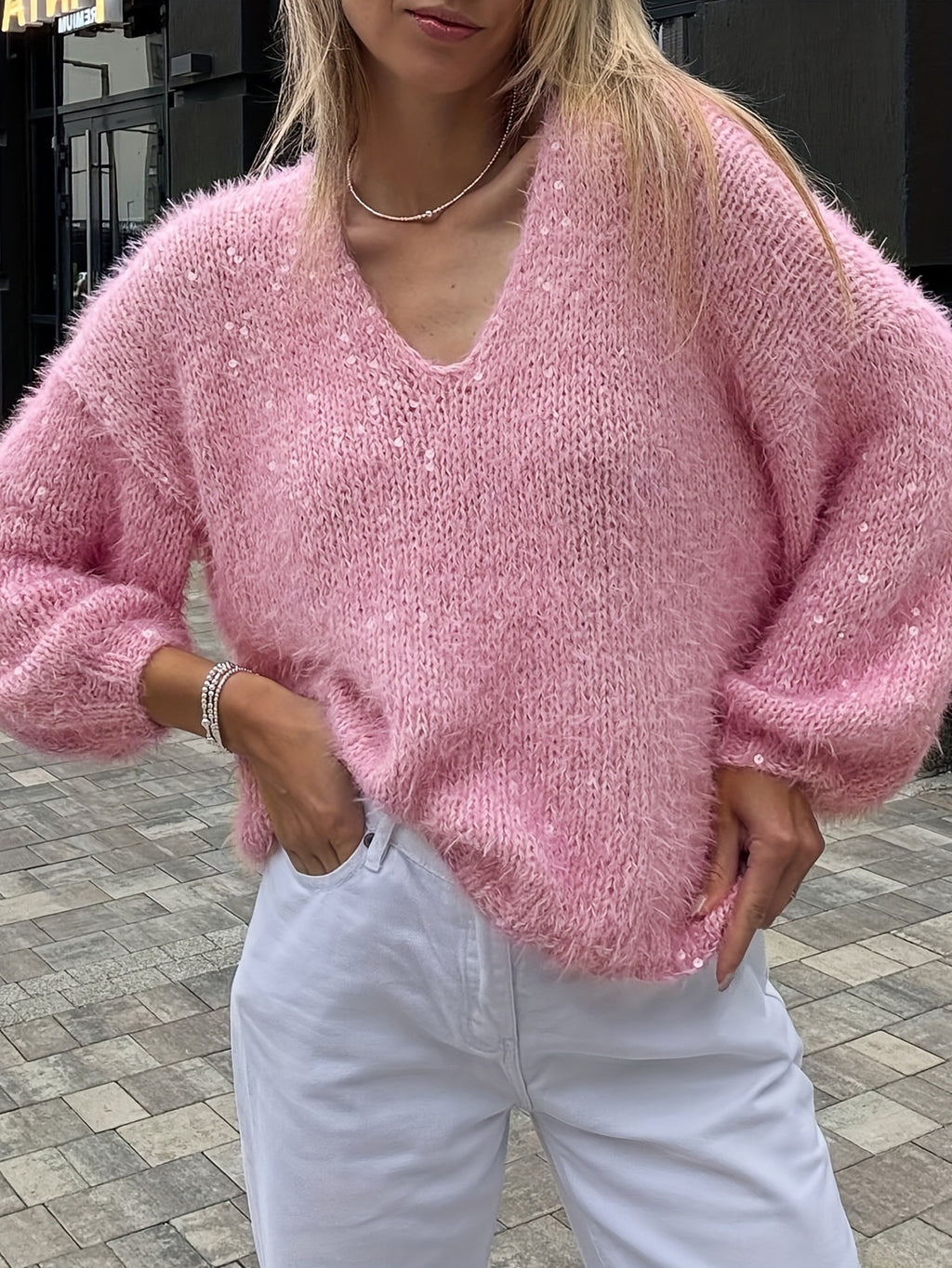 Women’s Sequin Sweater Pullover, Street Fashion Long Sleeve Knit Top, Solid Color Casual Sweater
